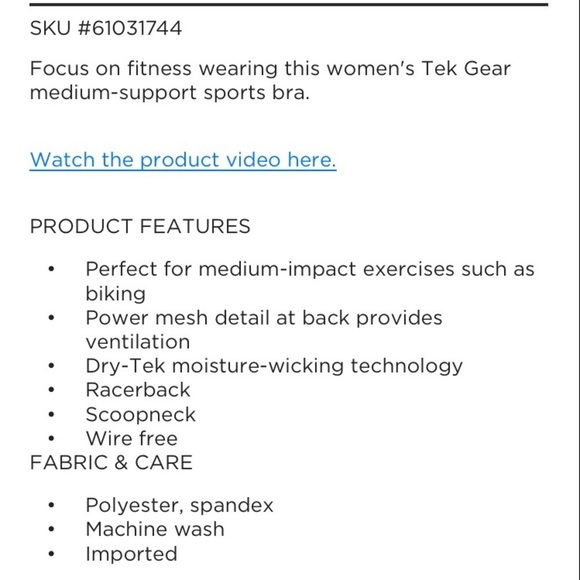 TEK Gear Sport bra size small NWT med support - Picture 5 of 12